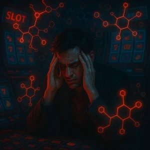 Distressed man surrounded by glowing digital slot machine screens and dopamine molecule patterns, representing addiction and emotional overload with red and blue lighting contrast.