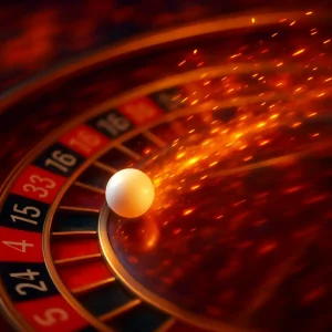Spinning roulette wheel with a white ball and glowing motion particles, symbolizing excitement and uncertainty in a casino atmosphere.