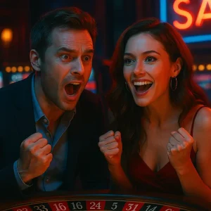 Man and woman at a casino reacting with thrill and excitement under vibrant neon lighting, showing emotional intensity during gambling.