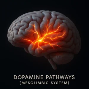 Human brain with glowing yellow and red dopamine pathways of the mesolimbic system, illustrating neural reward activation on a black background.