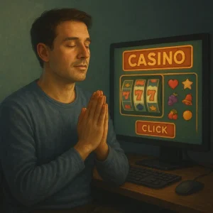 Calm man sitting before a computer displaying a casino game, taking a deep breath in soft warm light to represent mindfulness and self-control.