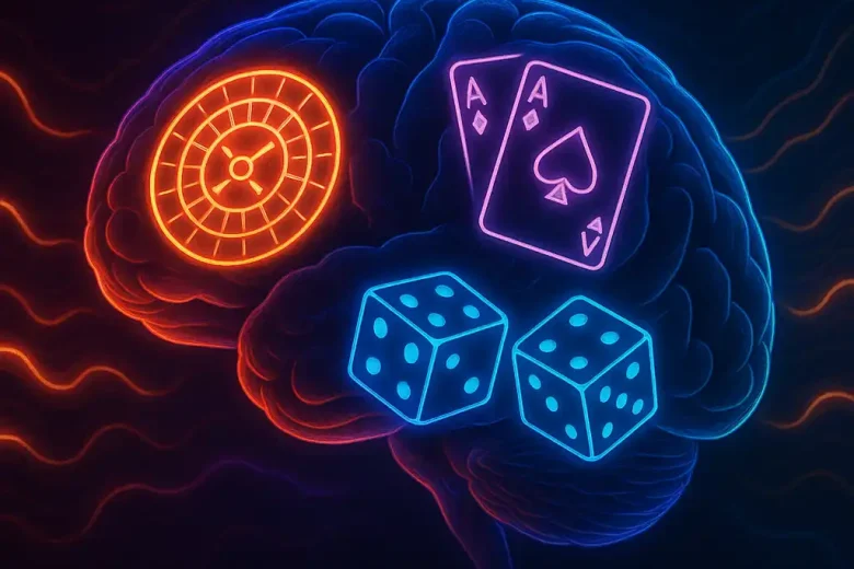 Human brain glowing with neon casino symbols, showing link between gambling and brain reward system.